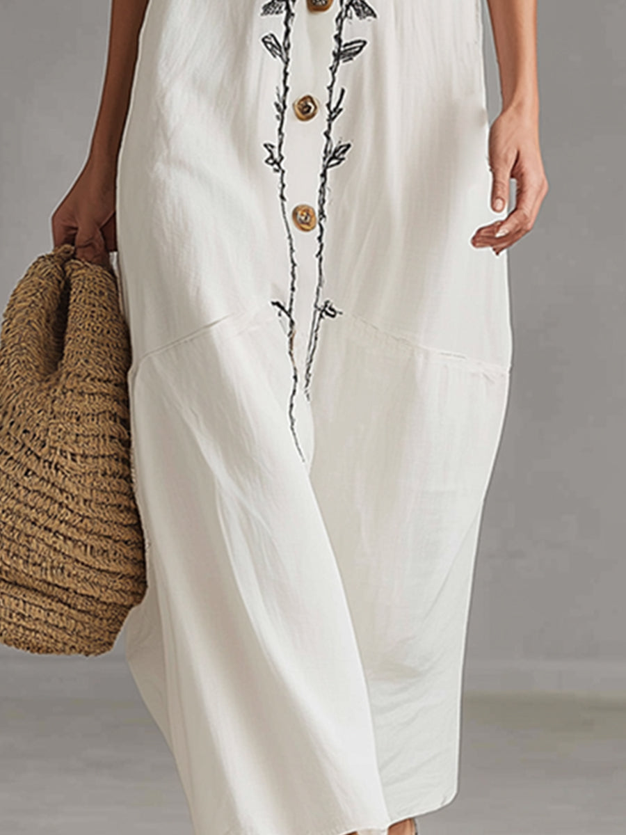 Exquisite Embroidered White Cotton And Linen Collared Button Sleeveless Maxi Dress