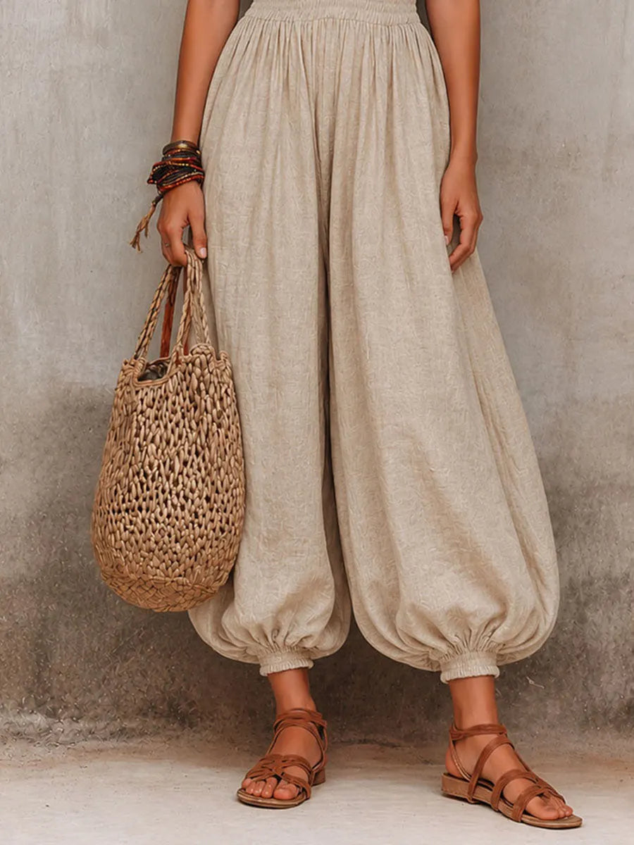 Boho Beige Linen Smocked Waist Halter Balloon-Leg Jumpsuit