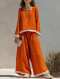 Women's Cotton-Linen Blend Square-Neck Long-Sleeve Top & Wide-Leg Pants Set With Contrast Trim MDZ0892G3ZRK