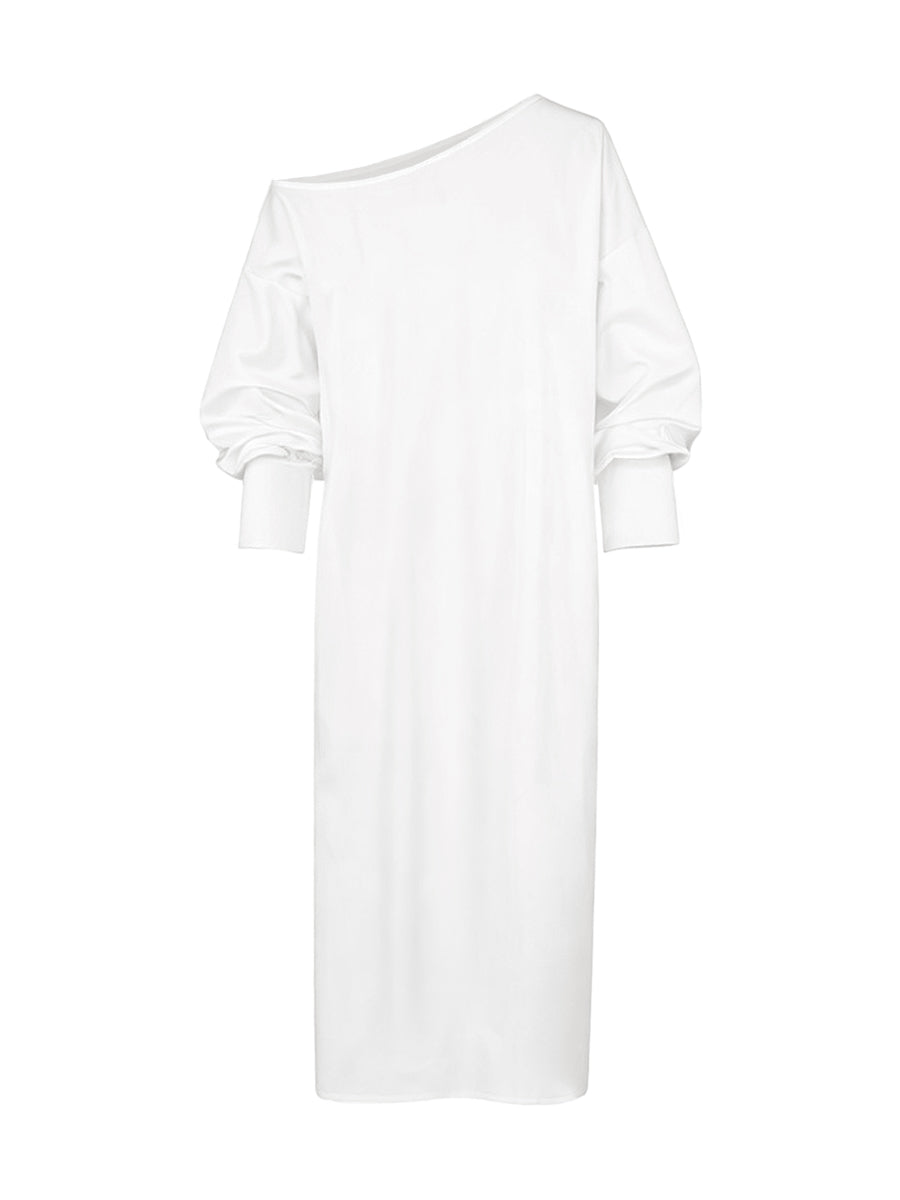 Long Sleeves Loose Solid Color Split-Side One-Shoulder Midi Dresses