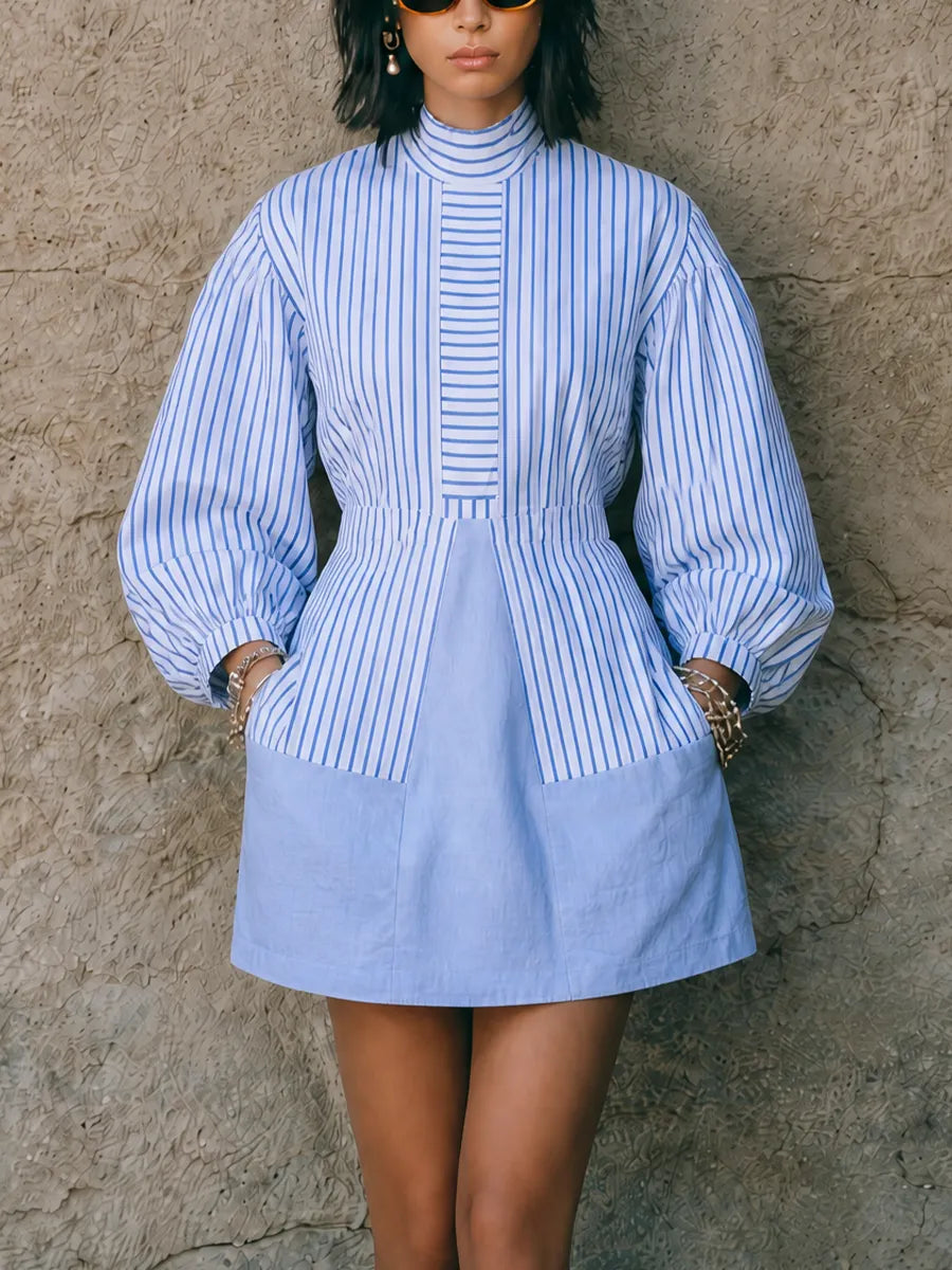 Women's Elegant Blue White Cotton Blend Striped Waist-Seamed Lantern Sleeve Mini Dress MDZ2032G8GMJ