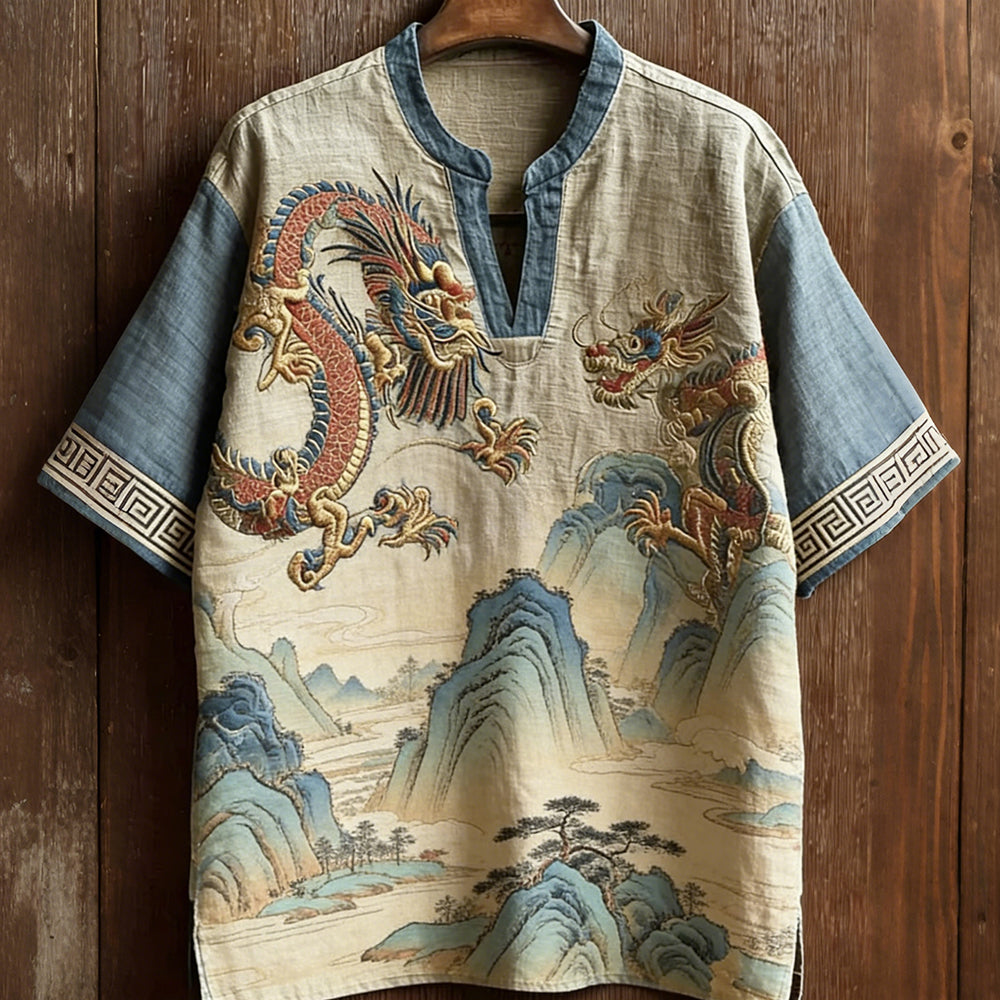 Vintage Dragon & Landscape Painting Art Linen Tunic