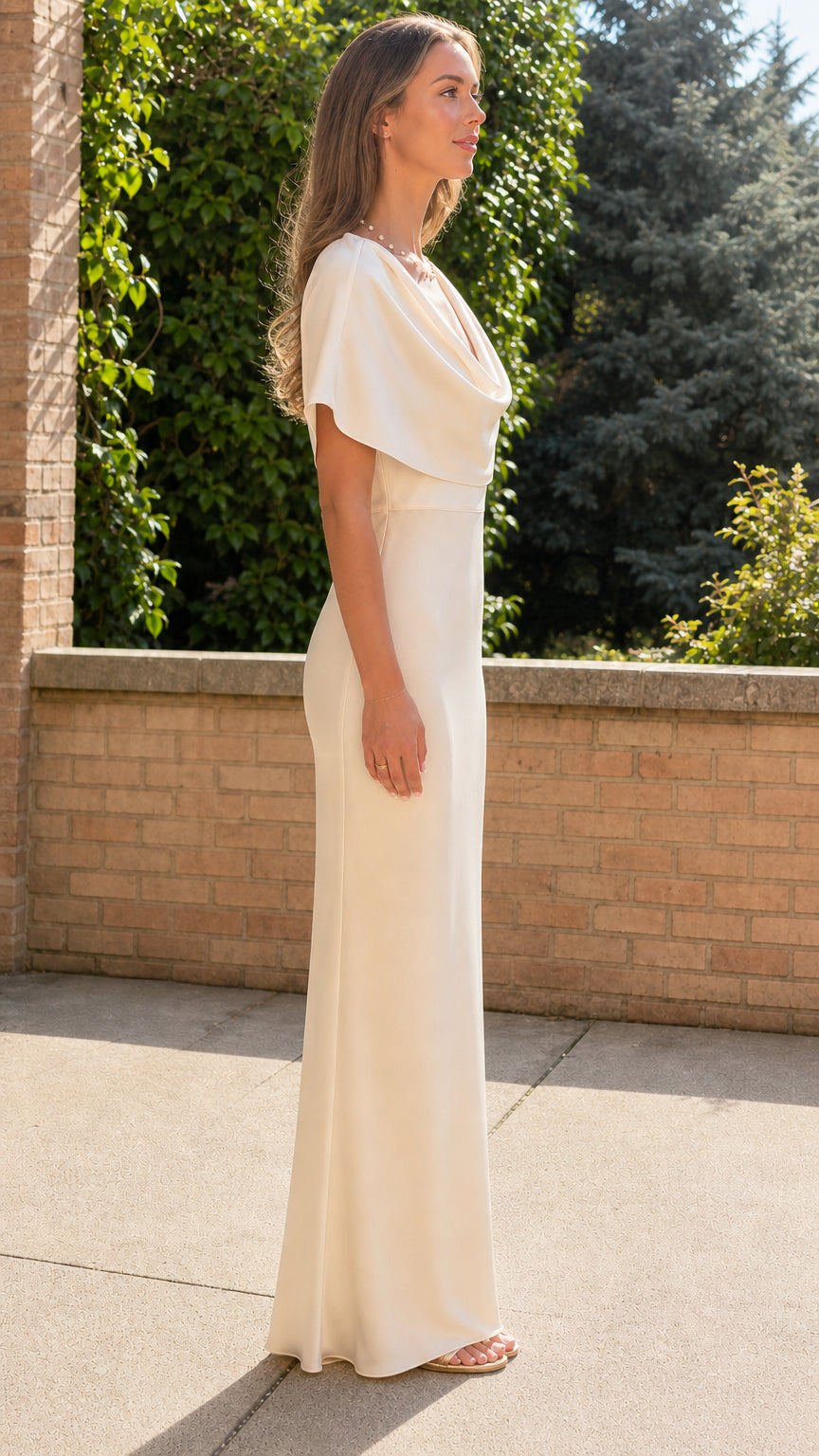Elegant Cowl Neck Draped Capelet Satin Maxi Dress