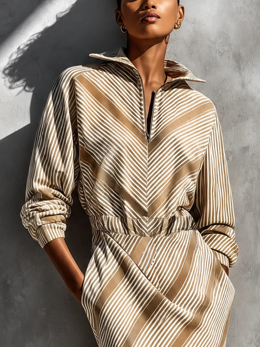 Women's Khaki Cotton-linen Stripe Collared Half Zip Waist Pocket Midi Shirt Dress MDZ0820G9YZJ