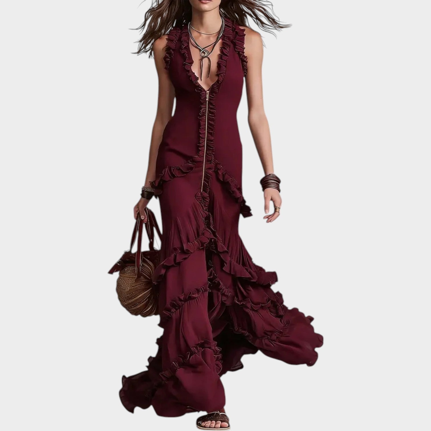 Ruffled Deep V-Neck Maxi Dress