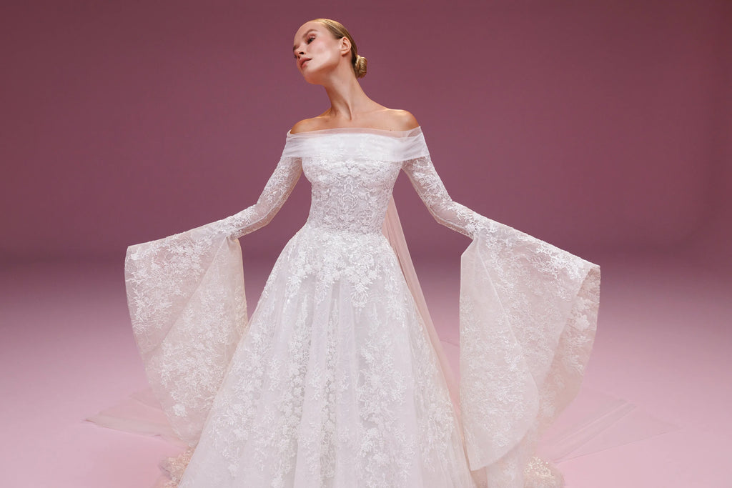 EVELYN Elegant Off-Shoulder Voluminous Sleeves Princess Bridal Gown