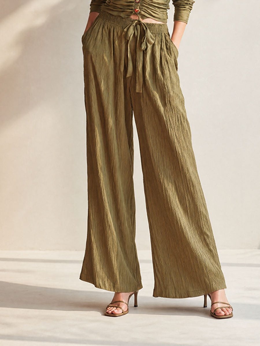 Women's Elegant Casual Green Crinkle-Texture Collared Long-Sleeve Ruched Jewel-Button Shirt & Drawstring Wide-Leg Trouser Set MDZ2301G8CMX