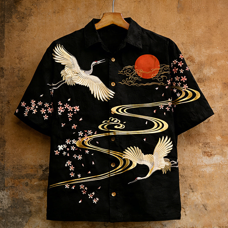 Men's Japanese-style Cherry Blossoms And Cranes Art Linen Short-sleeved Shirt