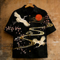 Men's Japanese-style Cherry Blossoms And Cranes Art Linen Short-sleeved Shirt