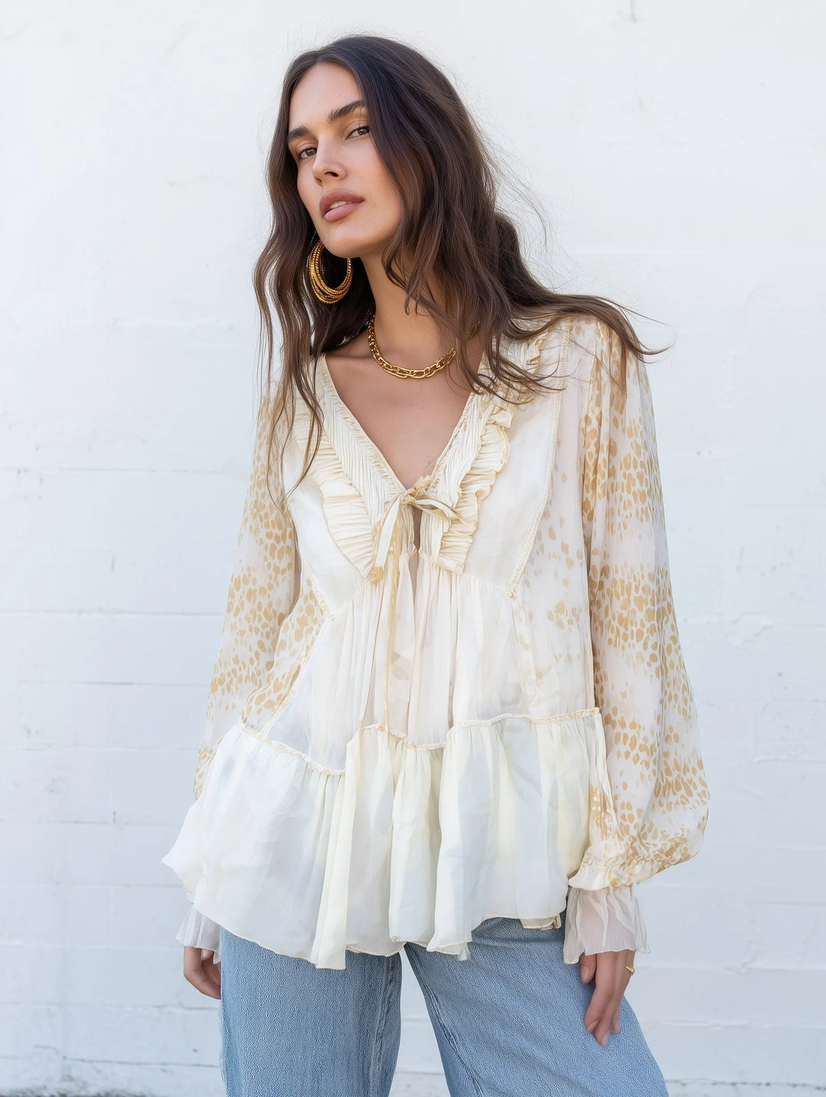 Leopard Print V-Neck Ruffle Tie-Front Blouse with Bishop Sleeves