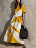 Women's Casual Yellow And White Color-block Woven Maxi Dress With A Round Neck And Short Sleeves MDZ1687G9LXY