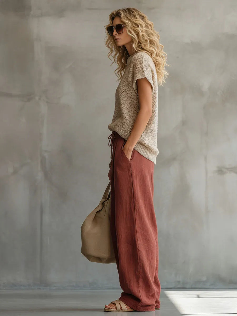 Retro Short-sleeved Knit Top And Brick Red Cotton Linen Wide-leg Pants Set