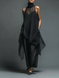 Momocco Avant-Garde 2-Piece Set - Sheer Mesh Layered Chiffon Maxi Dress in Midnight Black
