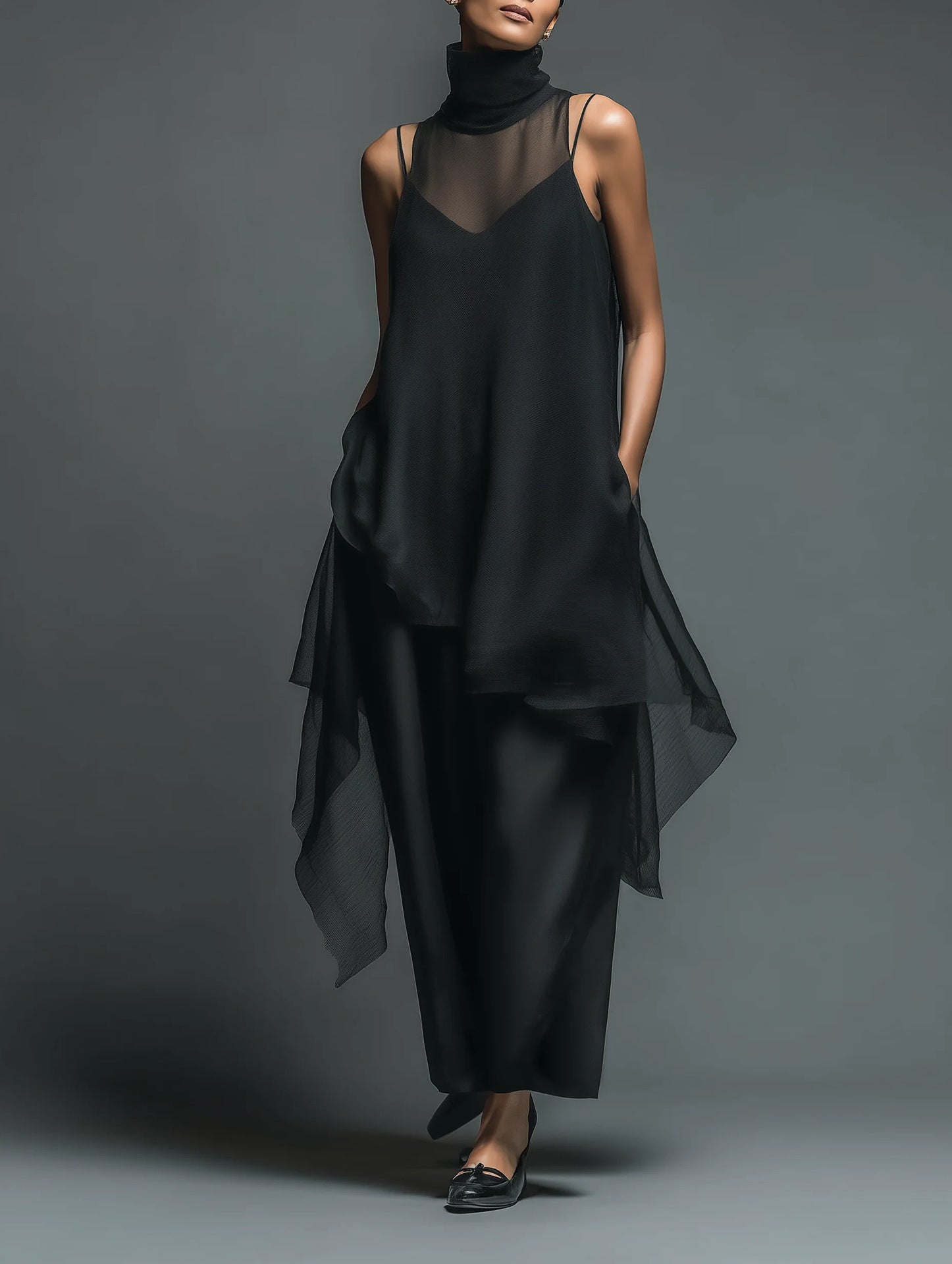 Momocco Avant-Garde 2-Piece Set - Sheer Mesh Layered Chiffon Maxi Dress in Midnight Black