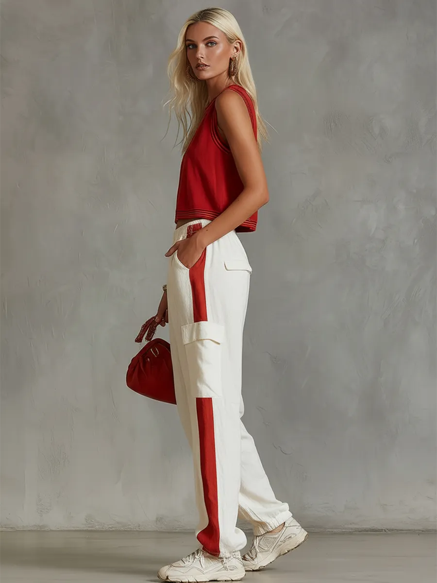 Casual & Stylish Red Vest And White Cargo Pants Cotton-Linen Set