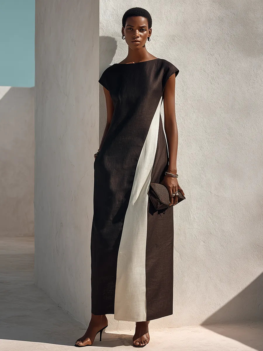 Women's Minimalist Black & White Color Block Cap Sleeve Maxi Dress MDZ1635G7ZRK