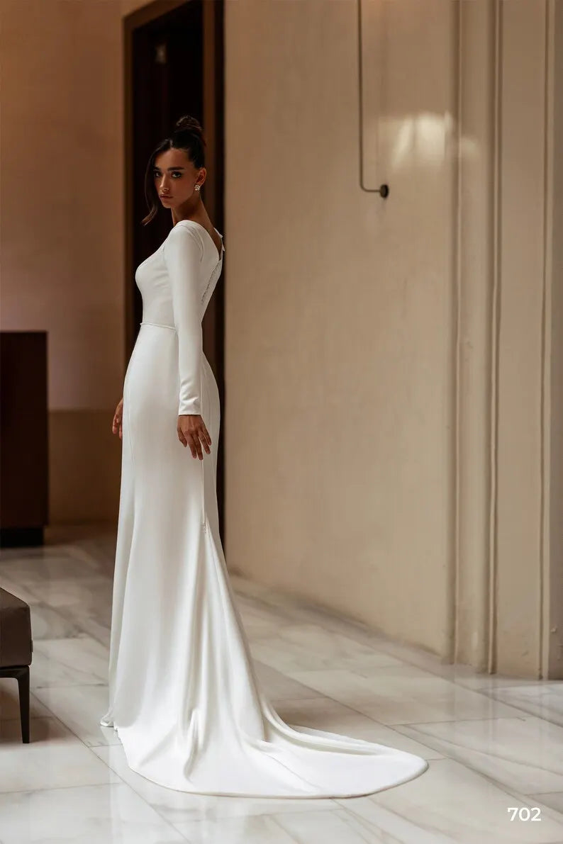 Sheath wedding dress 702, Cathedral wedding dress, 3D lace wedding dress, Crepe wedding dress, Long sleeves wedding dress
