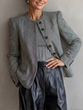Women's Grey White Striped Woven Blazer With Standless Crew Neck & Cuff Button Accents, Minimalist Vintage Office Long Sleeve Jacket MDZ1552G7LYL