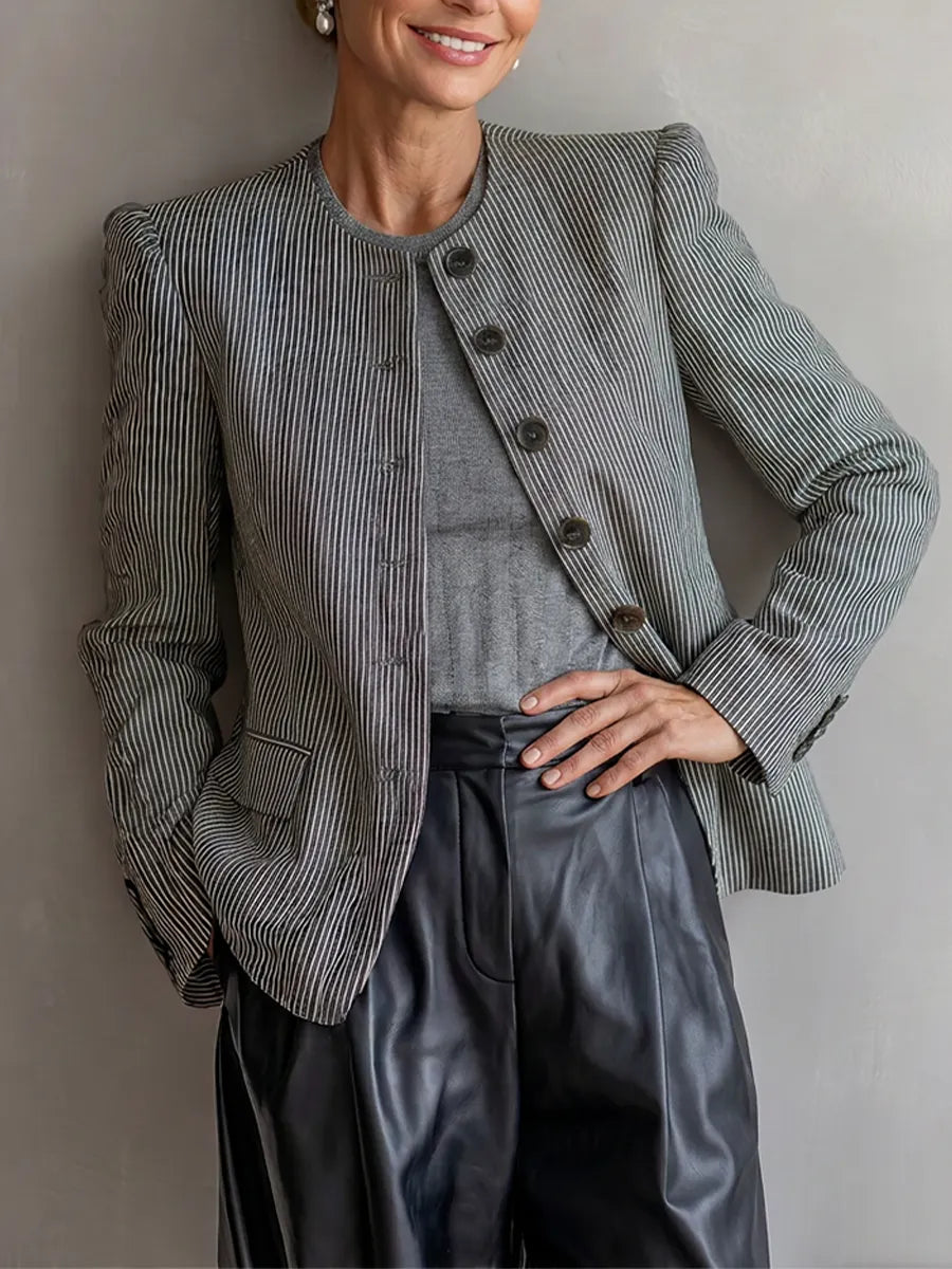 Women's Grey White Striped Woven Blazer With Standless Crew Neck & Cuff Button Accents, Minimalist Vintage Office Long Sleeve Jacket MDZ1552G7LYL