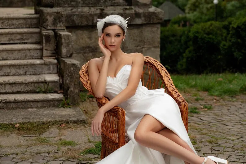 A-line wedding dress Firens, Satin wedding dress, Bridal gown, Ivory wedding dress,Wedding dress with slit