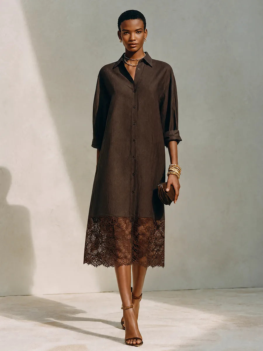 Women's Minimalist Solid Brown Linen & Lace-Panel Midi Shirt Dress MDZ0684G8ZRK