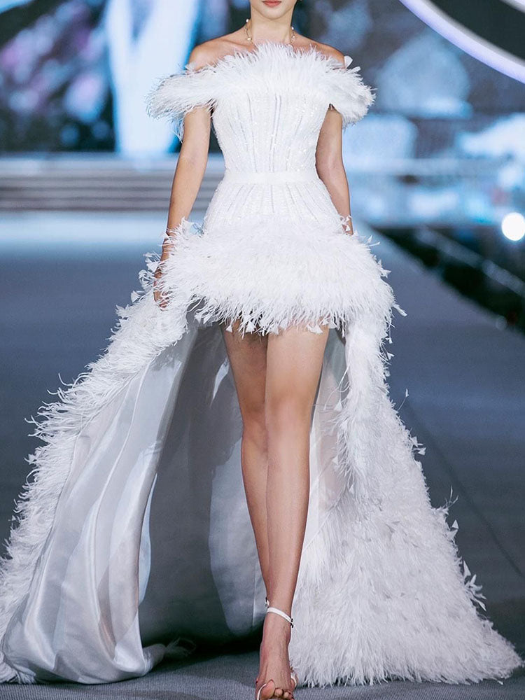 Wedding High-Low Irregular Feathers White Off-The-Shoulder Maxi Dresses