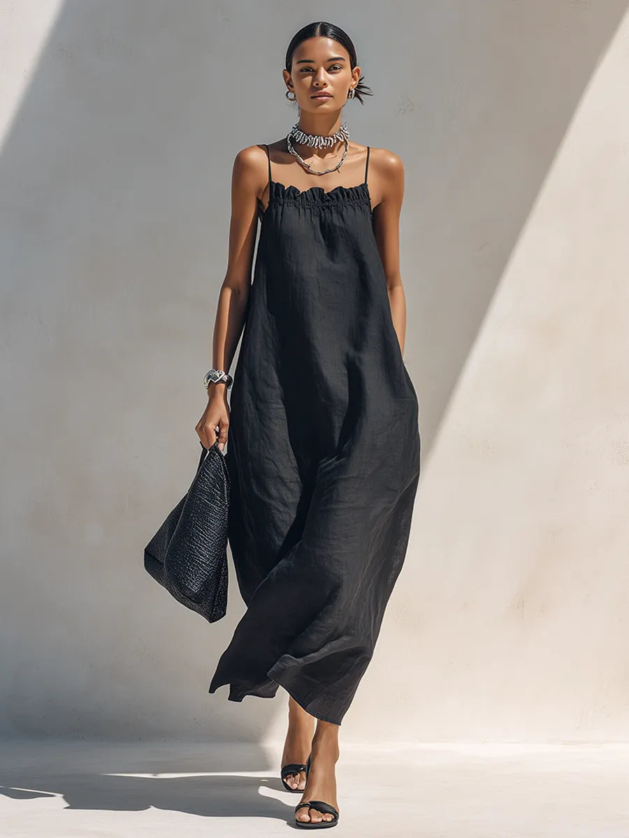Women's Minimalist Solid Black Ruffle-Neck Maxi Dress With Spaghetti Straps MDZ1738F1ZRK