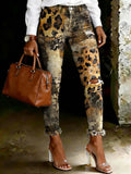 Women's Vintage Gradient Leopard Print Art Ripped Skinny Jeans