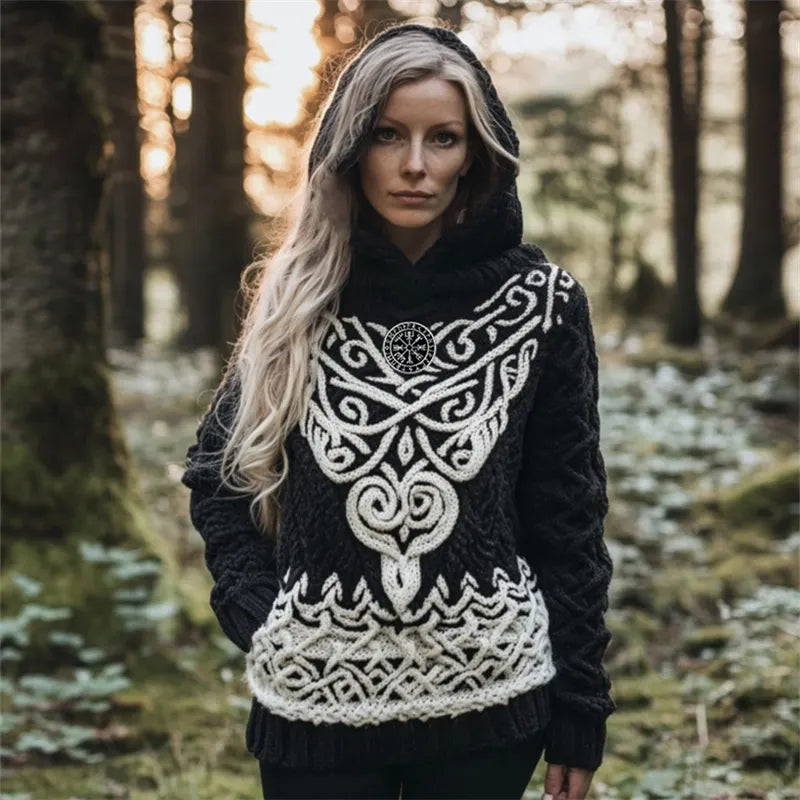 Vintage Viking Vegvisir Embroidered Celtic Cozy Chunky Hooded Sweater