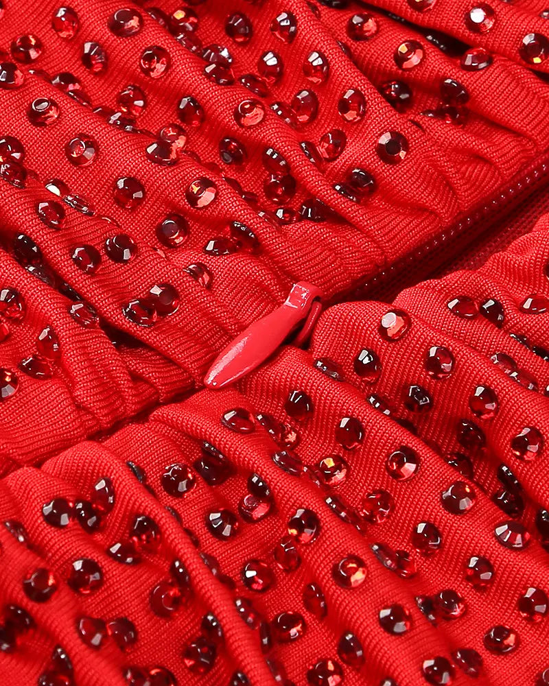 Long Sleeve Sparkly Draped Maxi Dress Red