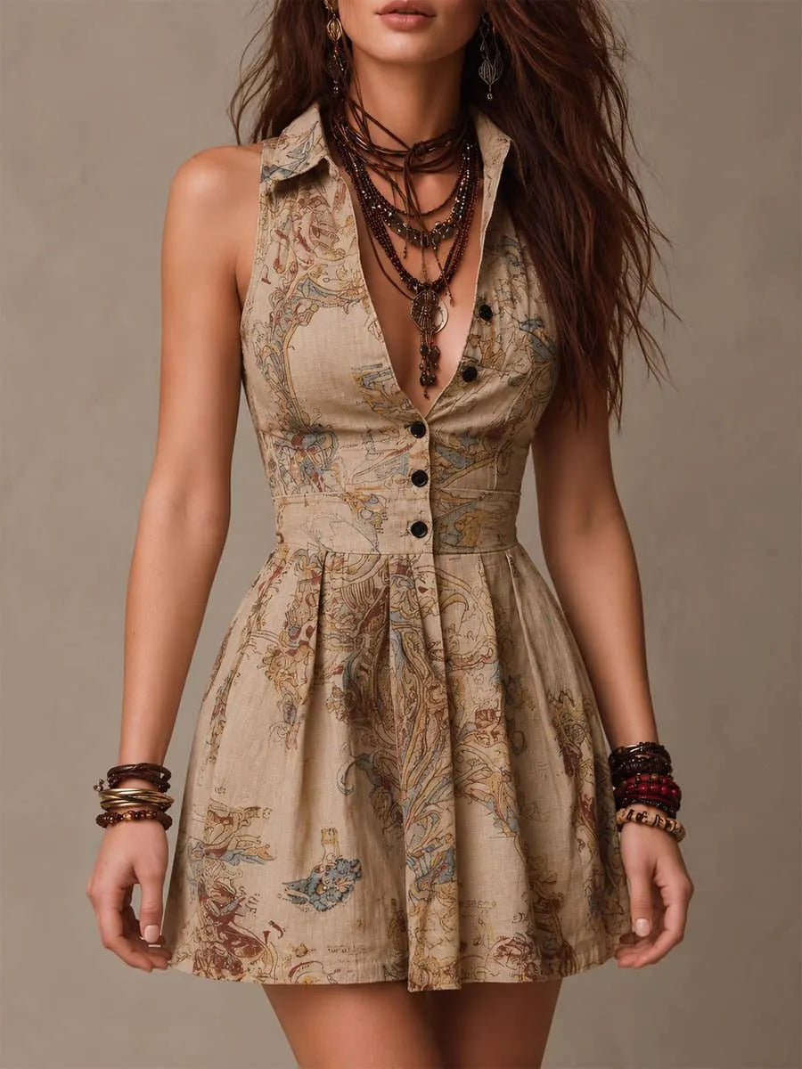 Bohemian Baroque Print Collared V-Neck Button-Up Mini Dress
