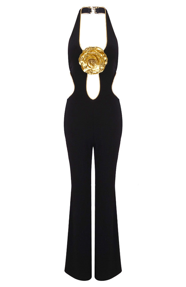 Halter Floral Jumpsuit Black Gold