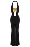 Halter Floral Jumpsuit Black Gold