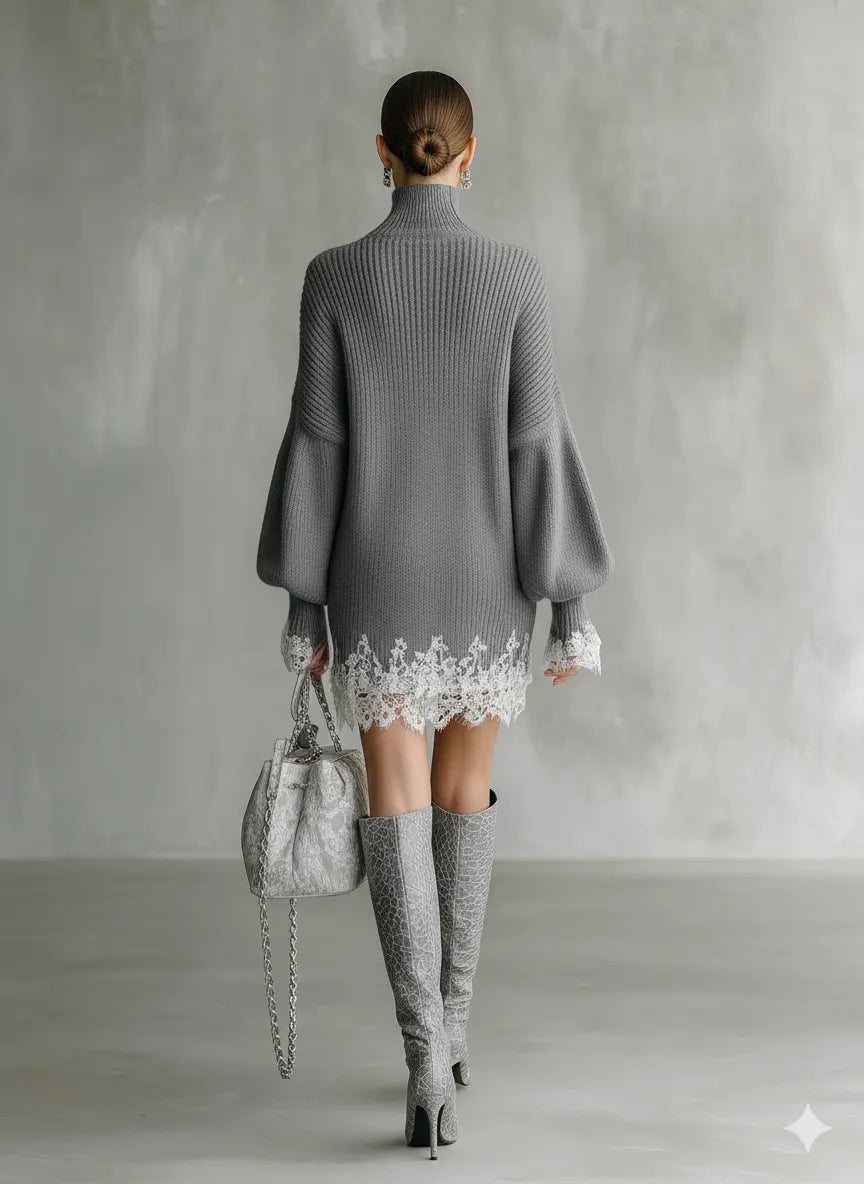 Women's Grey Knitted White Lace Turtleneck Comfortable Mini Dress MDA1157J5T