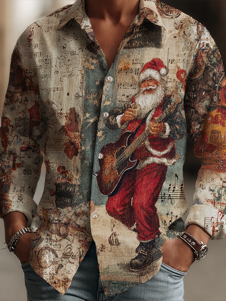 Retro Music Santa Claus Pattern Printed Men's Cotton And Linen Shirt