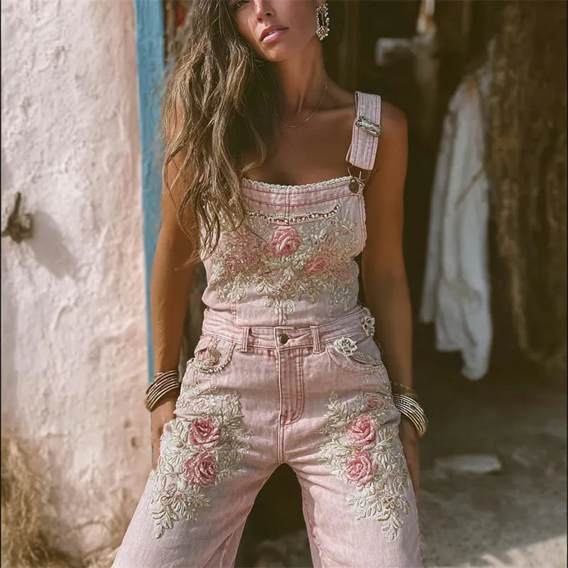 Vintage Pink Roses Embroidered Denim Overall Jumpsuit