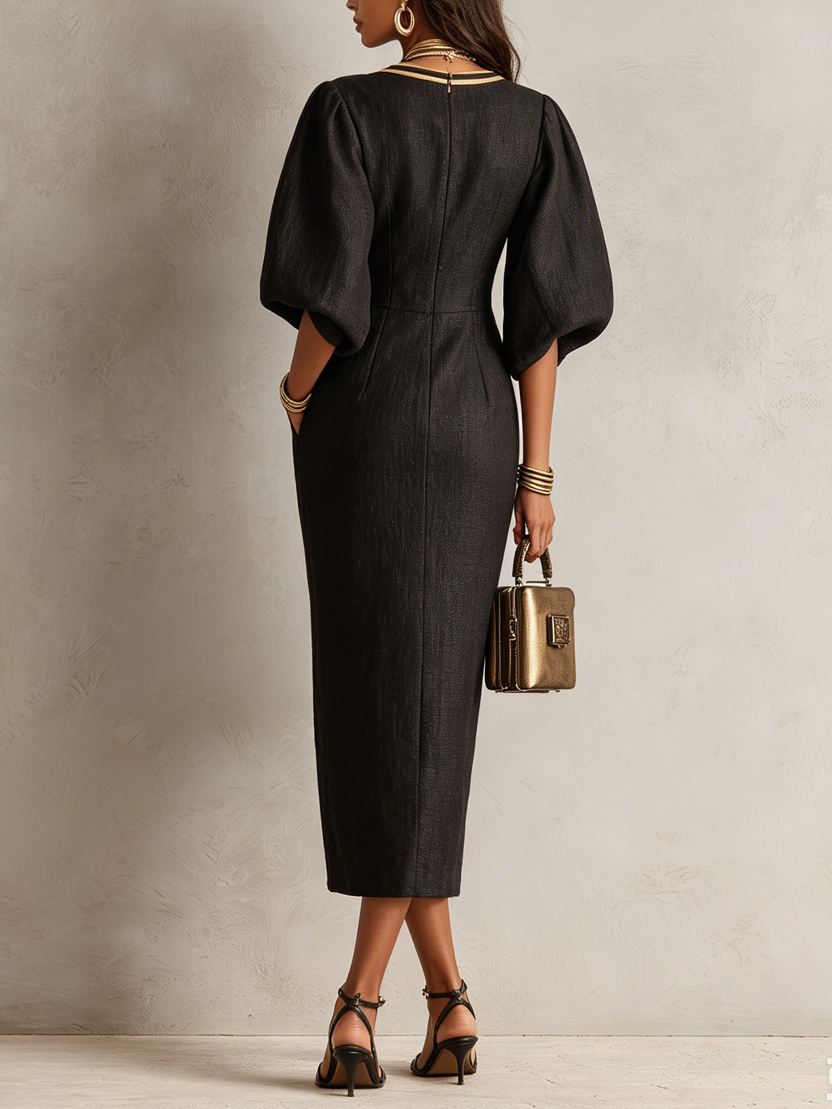 Black Puff Sleeve Midi Dress With Gold Trim And Front Slit