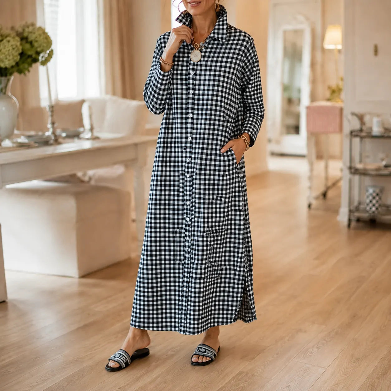 Harlowe – Gingham Button-Front Maxi Shirt Dress with Side Slits