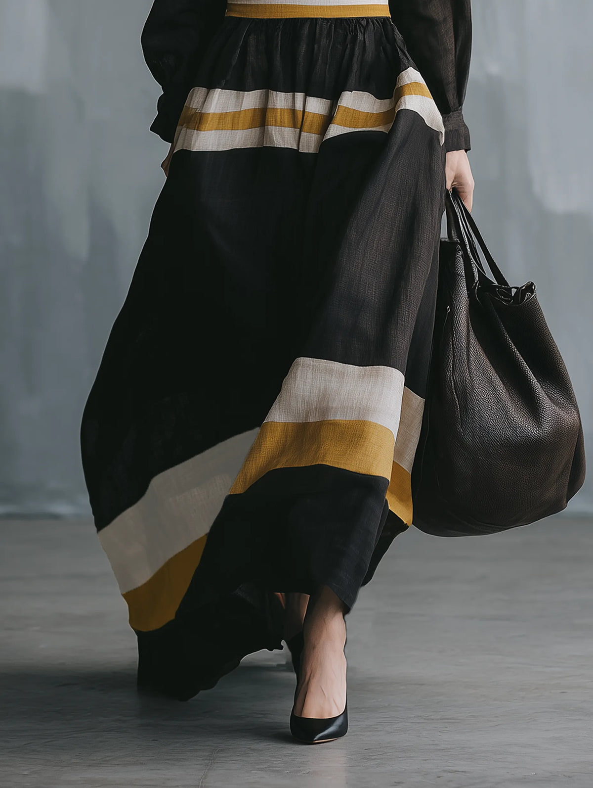 Women's Minimalist Color-Block Linen-Blend Long-Sleeve Maxi Dress With Mock Neck MDZ0872G8WY