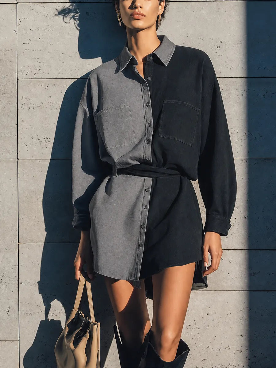 Women's Black Gray Color Block Faux Denim Collared Long Sleeve Double Pocket Belted Shirt MDZ1483G2YZJ