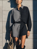 Women's Black Gray Color Block Faux Denim Collared Long Sleeve Double Pocket Belted Shirt MDZ1483G2YZJ