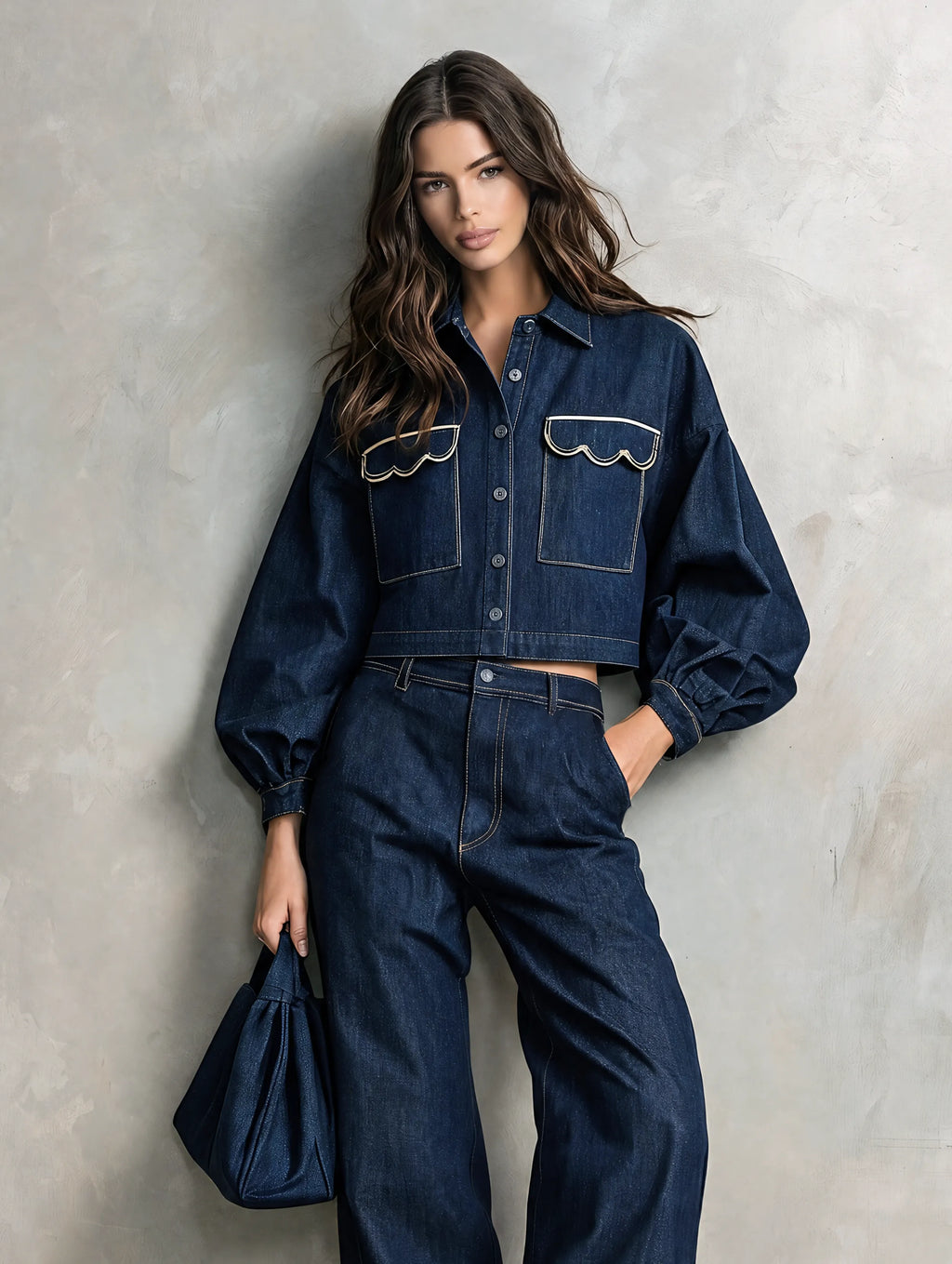 Women's Casual Dark Blue Long-sleeved Jacket Featuring Intricate Embroidery And A Faux-denim Look, Paired With Trousers MDZ0621G2LXY