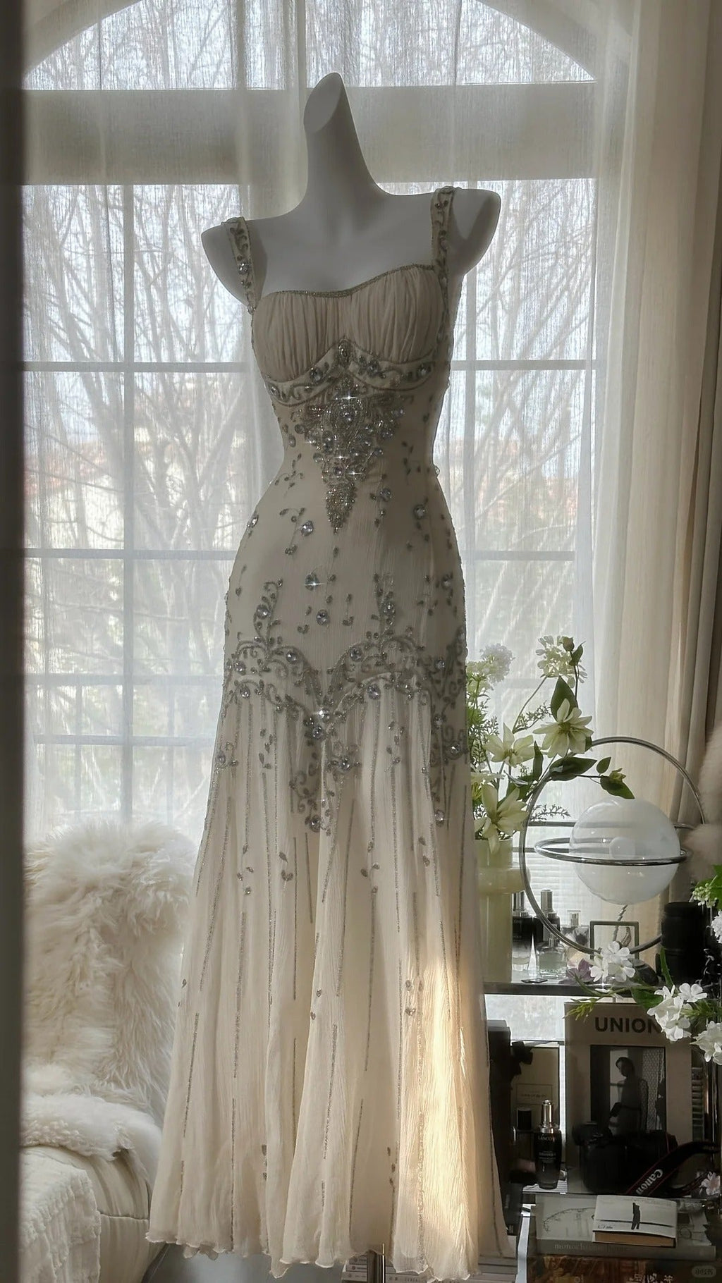Vintage Evening Dresses, Light Champagne Long Sleeveless Party Gowns  25532