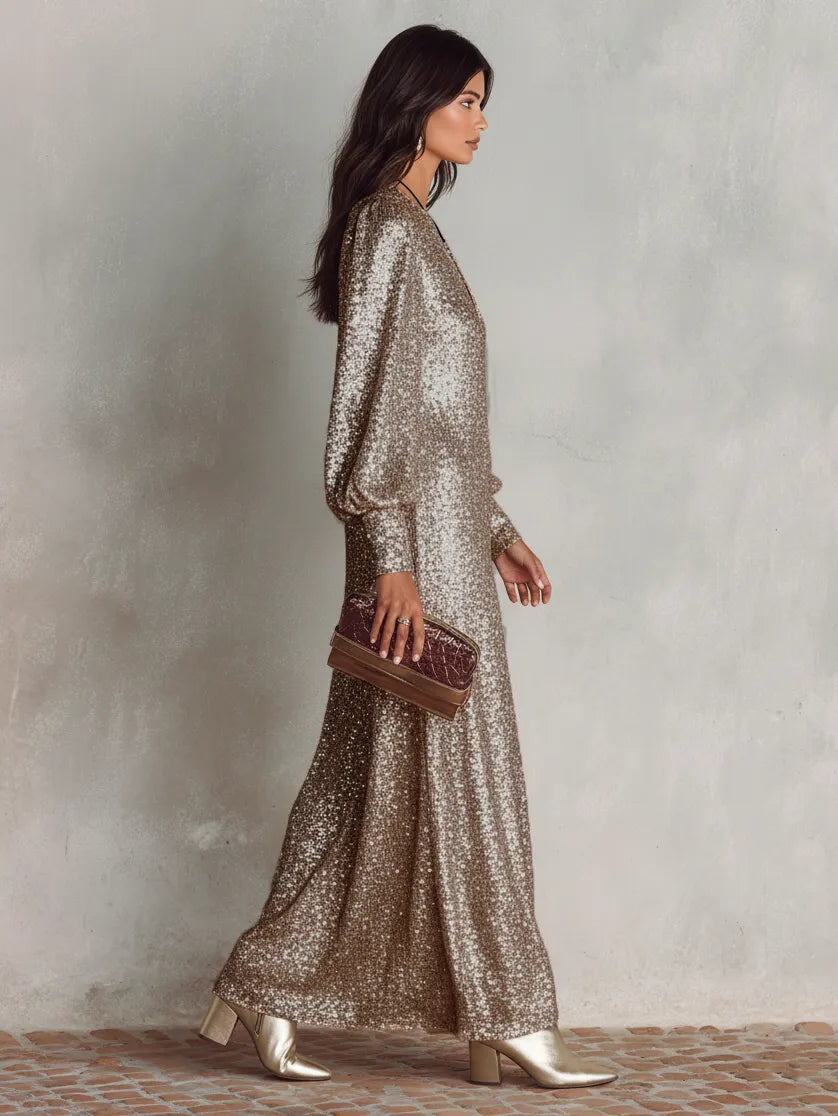 Women's Minimalist Loose Shimmering V-neck Maxi Party Dress MDA1819I0Y