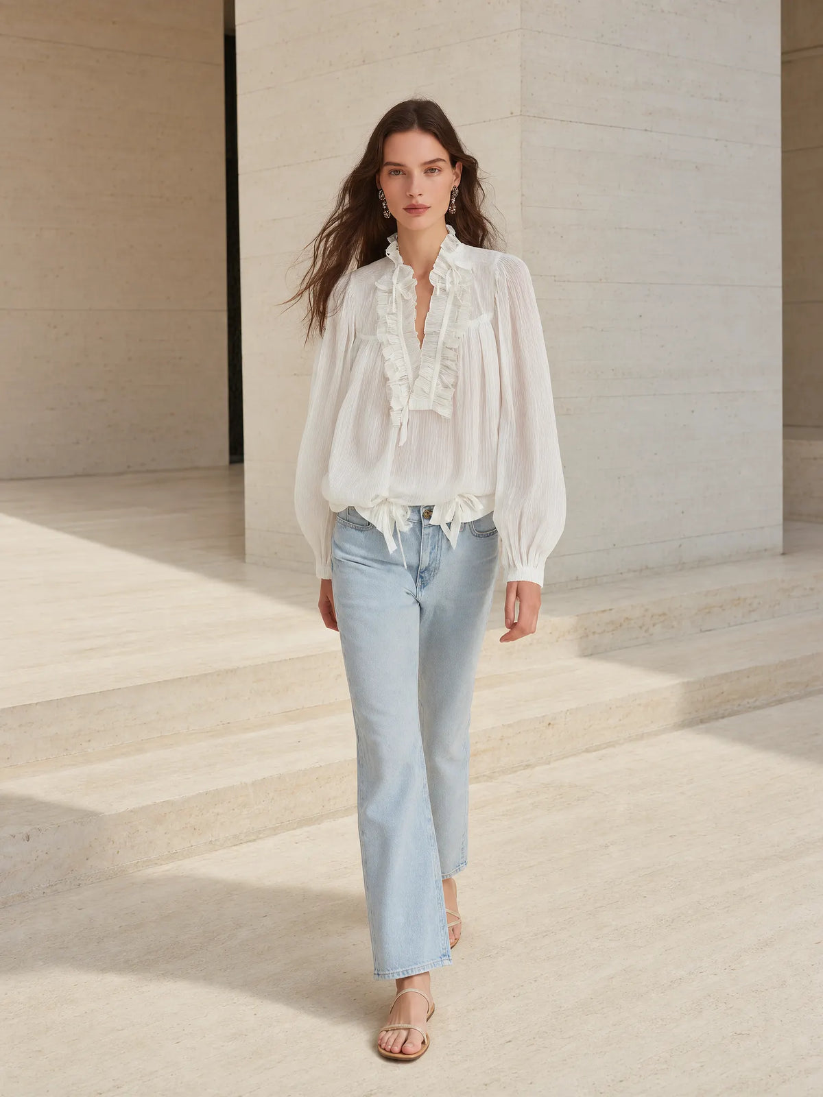 Women's V-Neck Ruffled Trim Lantern Sleeve Blouse with Tie Front