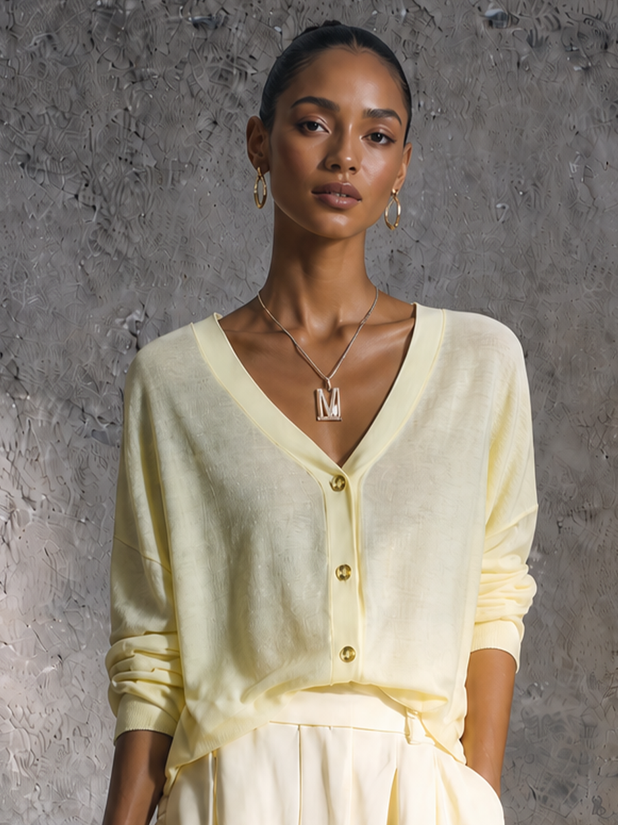Women's Minimal Casual Pale Yellow Cotton Blend V Neck Single Button Pleated Full Length Wide Leg Pants Two Piece Set MDZ1081G1GMJ