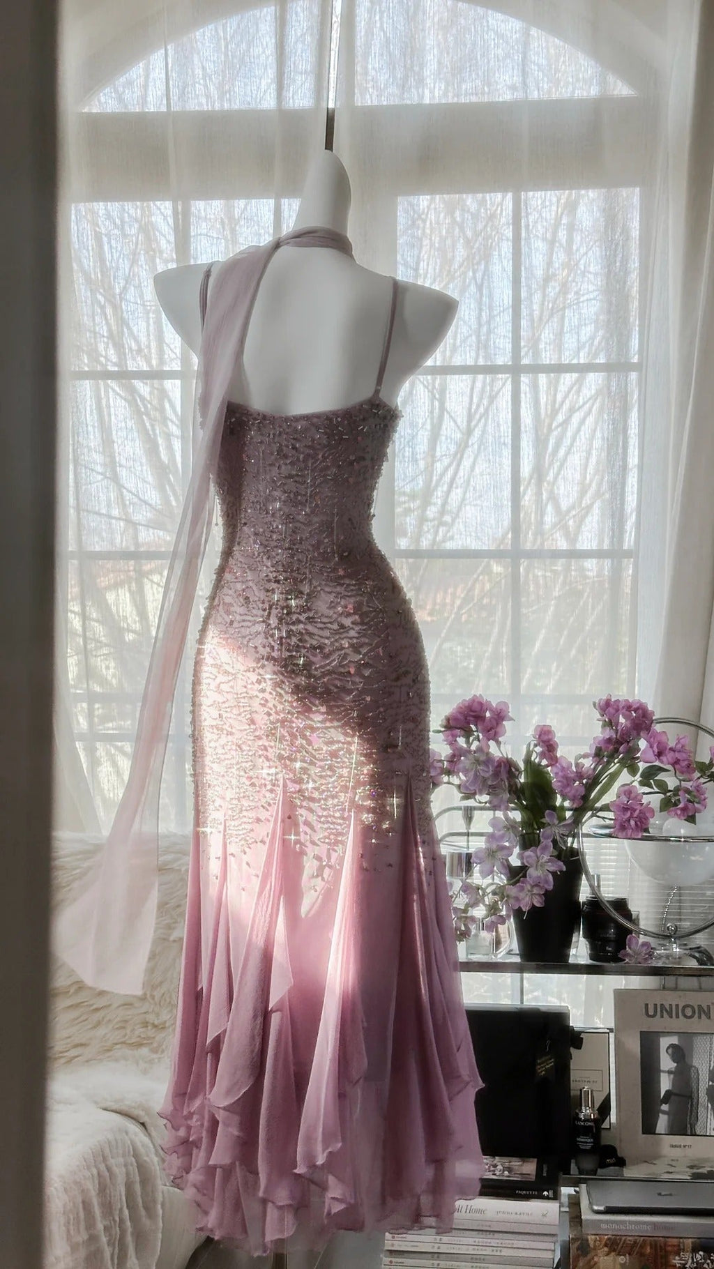 Pink Purple Elegant Romantic Exquisite Beaded Long Chiffon Ball Gown Evening Dress Birthday/Wedding Guest/Holiday Party Dress Prom Dress