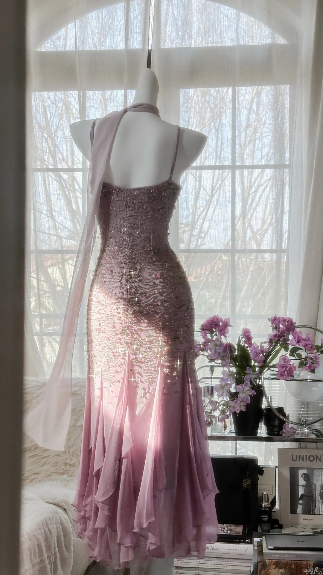 Pink Purple Elegant Romantic Exquisite Beaded Long Chiffon Ball Gown Evening Dress Birthday/Wedding Guest/Holiday Party Dress Prom Dress