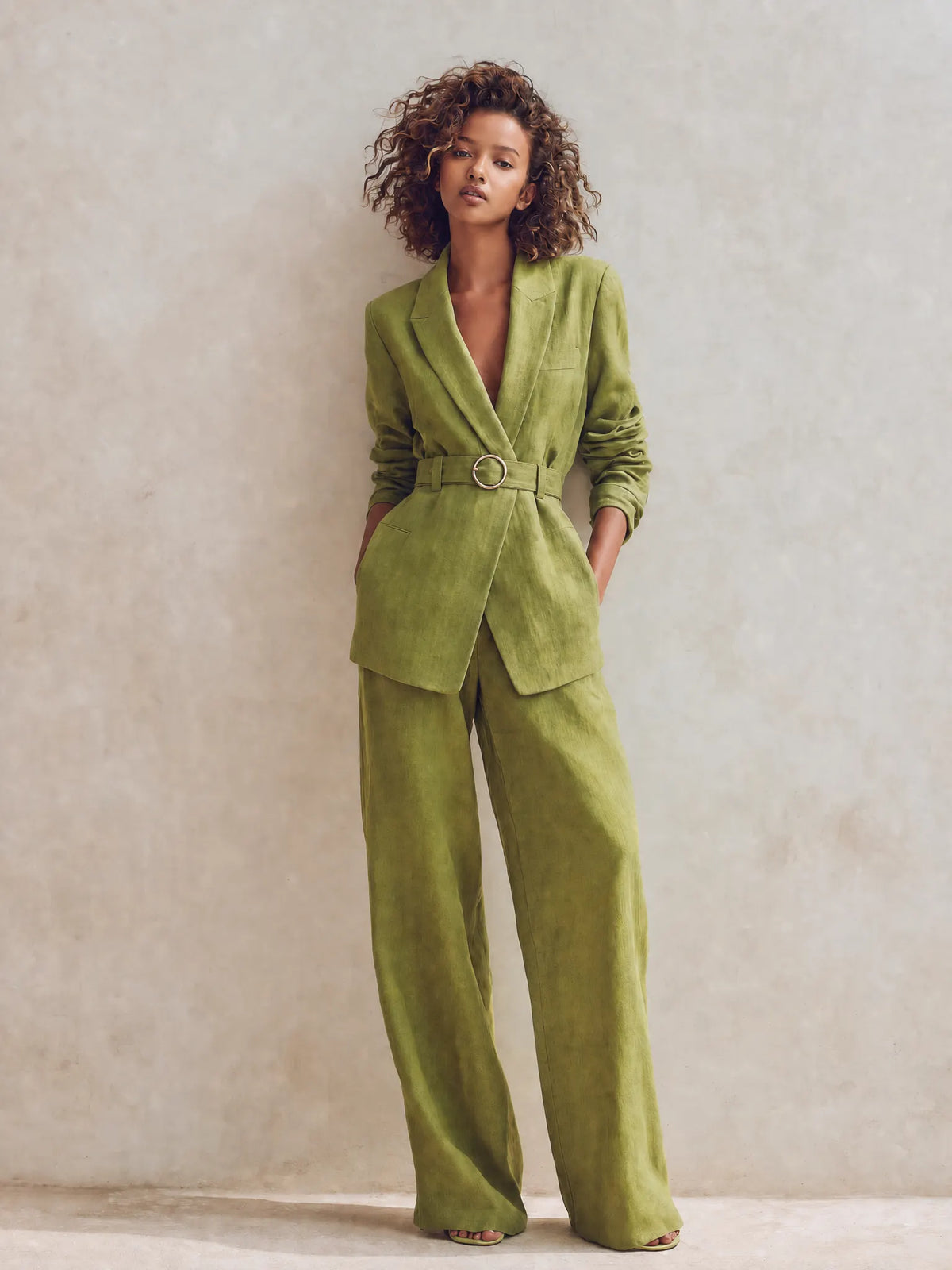 Women's Elegant Workwear Green Peak-Lapel Long-Sleeve Belted Blazer & High-Waisted Wide-Leg Pants Linen Set MDZ1605G6CMX