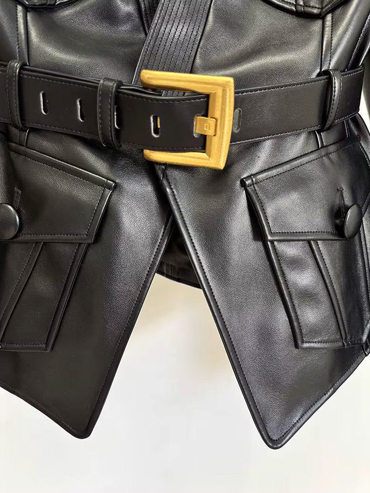 Long Sleeve Belt Faux Leather Jacket Black